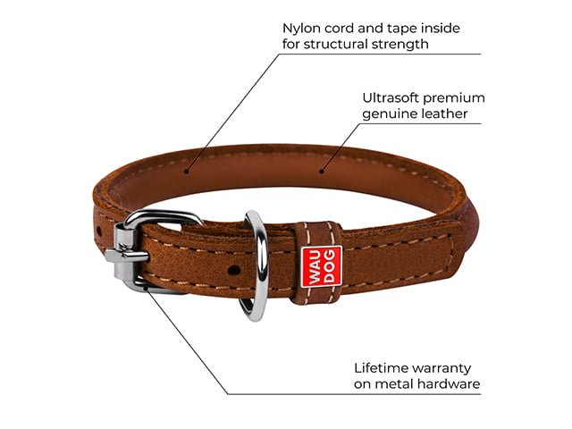 Waudog Rundsyet Læderhalsbånd - Brun - HappyPuppy.dk