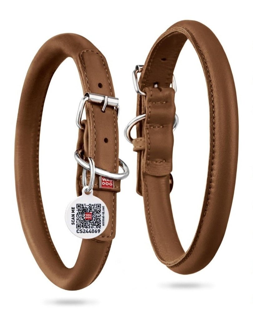 Waudog Rundsyet Læderhalsbånd - Brun - HappyPuppy.dk