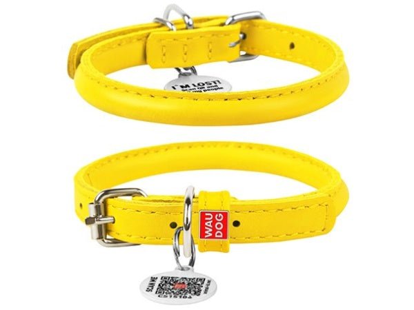 Waudog Rundsyet Læderhalsbånd - Gul - HappyPuppy.dk
