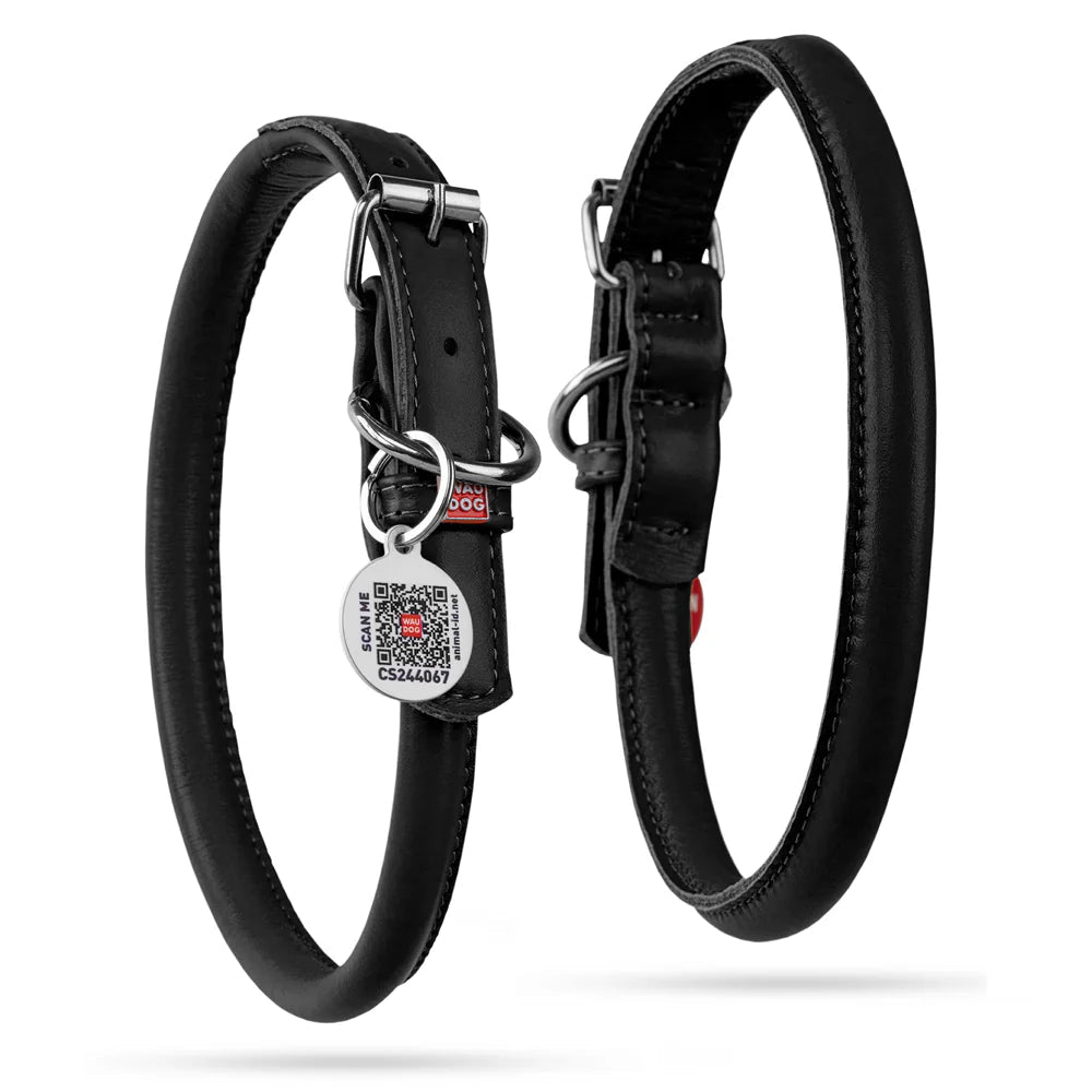 Waudog Rundsyet Læderhalsbånd - Sort - HappyPuppy.dk