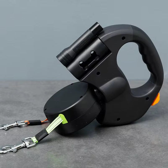 Dual flexline til 2 hunde m. lygte og poseholder - HappyPuppy.dk