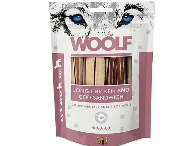 Woolf Kylling & Torsk Sandwich Lang 100g - HappyPuppy.dk