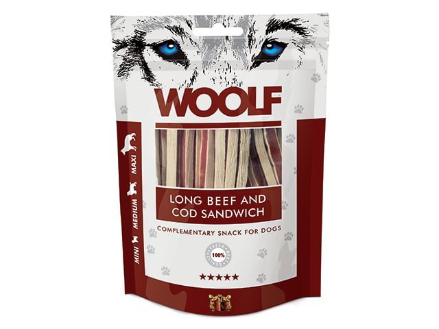 Woolf Okse & Torsk Sandwich Lang 100g - HappyPuppy.dk